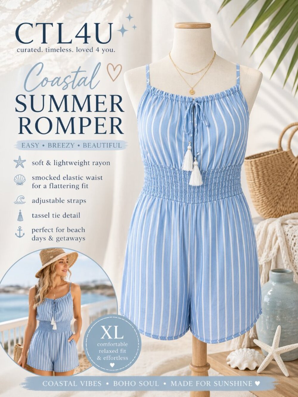 NWT Vine & Valley Striped Romper Blue White Tassel Smocked XL